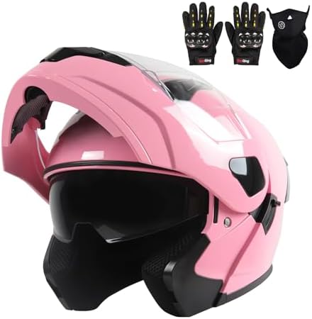 Adult Modular Motorcycle Helmets, DOT Approved Flip up Dual Visor Full Face Helmet for Men Women Moto ATV UTV Snowmobile ADV Four Wheeler Street Bike with Gloves & Mask (Pink, M)