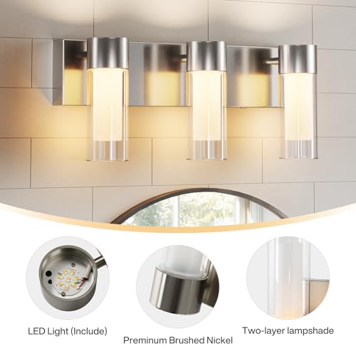 Image of Tribesigns LED Bathroom Light Fixtures, 3-Light Vanity Lights Over Mirror, Wall Lights with 3 Color Modes & Sand Nickel Finish, Wall Sconces with Clear Glass Shades for Bathroom Hallway Bedroom