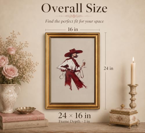 Image of Gold Framed 3D Textured Wall Art, Red Wine Cowgirl Canvas Prints, Modern Western Burgundy Fashion Pictures Decor, Vintage Editorial Cowgirl Artwork for Living Room Bedroom Entryway 16x24inch