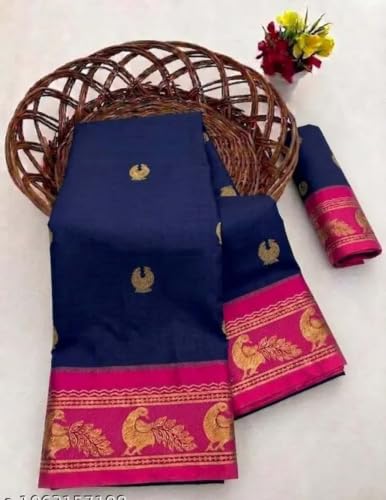 Generic navy blue contrast border silk saree – image 3