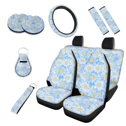 Semiouray 10 Set Cute Daily Floral Car Seat Covers Full Set Watercolor White Ditsy Flower Front and Back Seats Protectors Covers Sedan, Truck, SUV, Van, Most Bucket Seats for Women