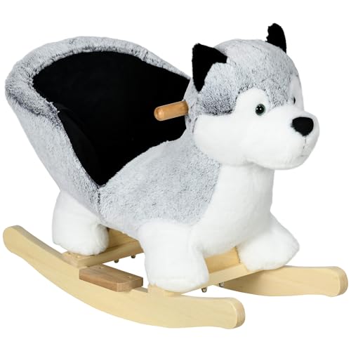 HOMCOM Caballo Balancín para Niños de 18-36 Mesas Forma Perro Husky Caballo de Juguete con Sonido Asas Cinturón de Seguridad y Base de Madera Carga 40 kg 60x33x50 cm Gris