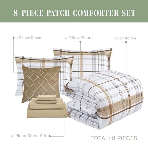 Image of Elegant Comfort 8-Piece Lodge Plaid Reversible Comforter Set - All Season Bed in a Bag, 4-Piece Sheet Set Featuring Smart Pockets, Matching Shams and Decorative Pillow, King /California King, Taupe