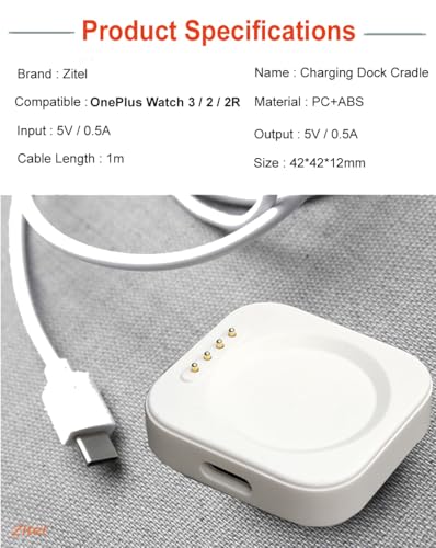 Image of Zitel Charger Compatible with OnePlus Watch 3 /2 / 2R - Magnetic Charger Dock USB Cable (White)