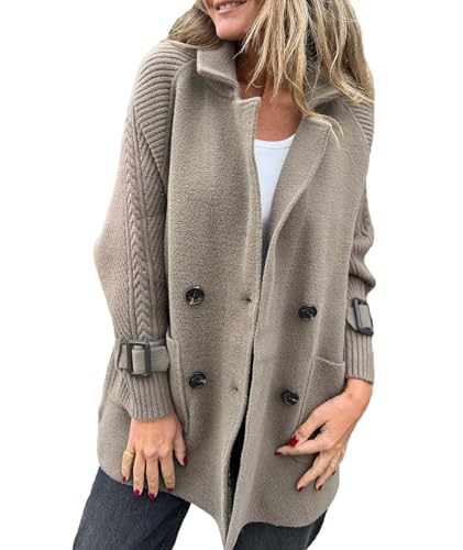 SOMTHRON Women's Winter Wool Trench Coat Knit Patchwork Sleeve Double Btrasted Notch Lapel Peacoat Cardigan