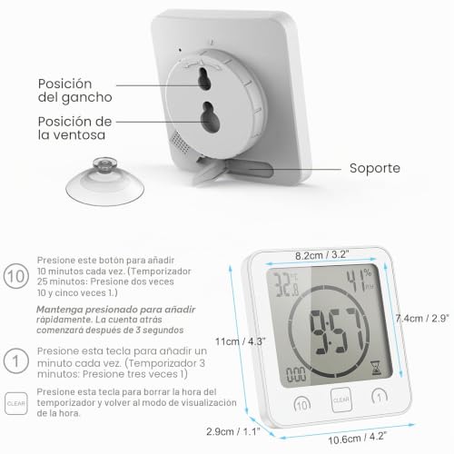 Miniatura 6 de Vorrinc Reloj De Baño, Despertador Digital, Temperatura Humedad Reloj Digital Reloj Temporizador, Alarma Impermeable Temporizador De Cuenta Regresiva, Lcd Control Táctil, Para Baño De Cocina Blanco