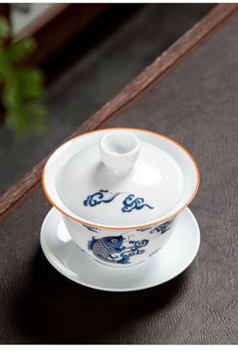Image of Liang baobao Porcelain Gaiwan 8oz Teacup White Glazed Tureen Chinese Sancai Cover Bowl Lip Cup Saucer Set (Fish leaping)
