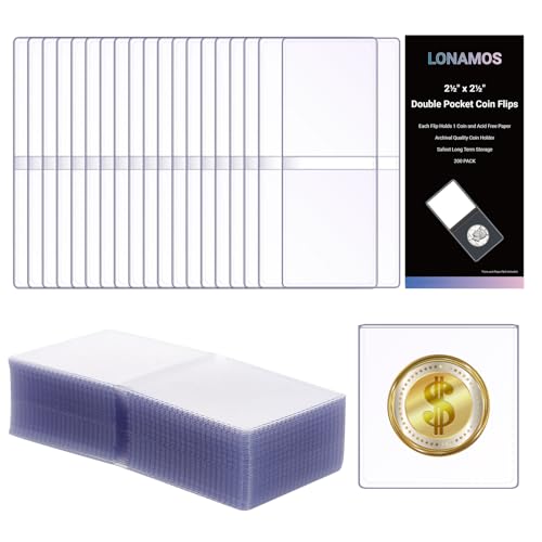 200-Pack 2.5 x 2.5 Inch Double-Pocket-Coin-Flips - Coin Pocket Holders, Unplasticized Coin Sleeves, Vinyl Coin Collection Holder for Long Term Coin Storage, Safety Coin Flips, Vinyl Coin Flips