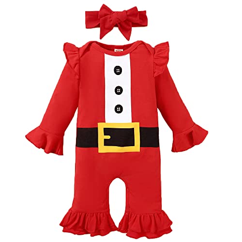 ACEHCEAR Mameluco de una pieza rojo navideño para niña bebé mono y diadema con mangas voladoras para bebé de 6-9 meses Cover