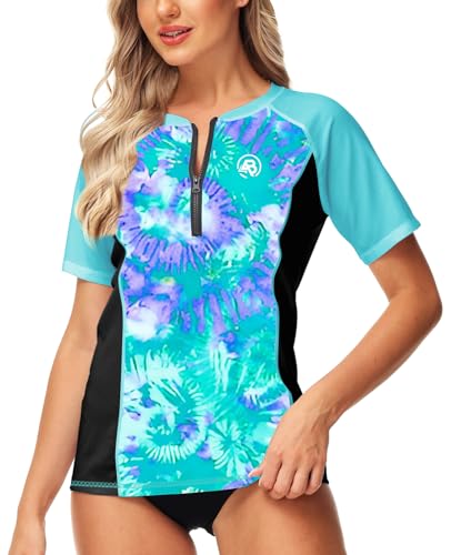 Image of AOBUTE Women Zip Rash Guard UPF 50+ Gradient Short Sleeve Swim Top Surf Shirts