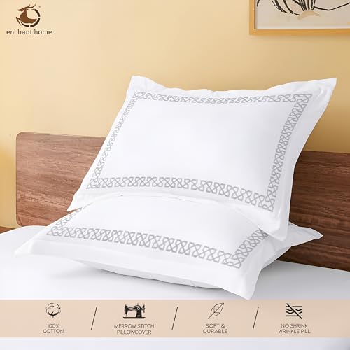 Image of Pure Cotton 500 TC Pillow Cover Set | Greek Embroidered Pillow Cover Set | Percale Weave | 18 X 27 Inches (2, Silver Loops)