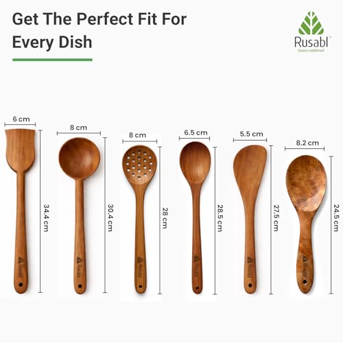Image of Rusabl Pack of 6 Neem Wood Spatula, Spoonula, Slotted Spoon, Ladle, Turner | Serving Spoon, Seamless Design Non Stick Cookware for Cooking and Baking