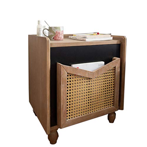 ShAzanz Mesa Auxiliar Mesita De Noche/Mesita De Noche De Madera De Caucho Y Ratán Retro, Color Madera, Diseño De Espacio De Almacenamiento Montaje Sencillo
