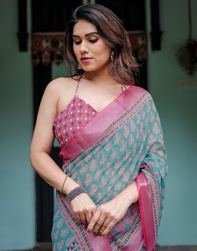 Image of SIRIL Women's Cotton Linen Printed Saree with Unstitched Blouse Piece