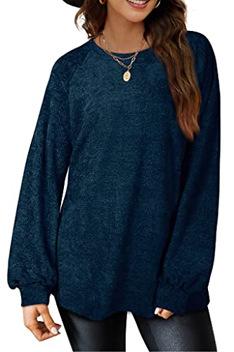 Pullover Chenille Knit Sweaters For Women Crewneck Sweatshirts Balloon Sleeve Tops Peacock S #TOP2