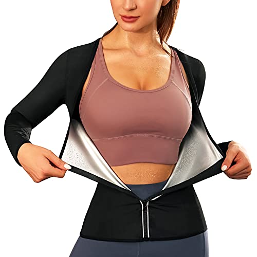 SUNACGO Sauna Suit for Women Heat Trapping Sweat Vest Waist Trainer for Women Long Sleeves Workout Shirt(Black,X-Large)