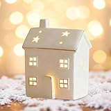 LED Weihnachtsdeko Haus, Keramik Häuser Weihnachten Weihnachtsdorf mit Beleuchtung Weihnachtshaus Beleuchtet Porzellan Häuser Weiß Lichterhäuser Teelicht Haus Batterie für Tischdeko Weihnachten (C)