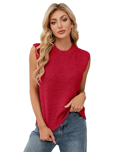 SCUSTY Women's Fuzzy Knit Vest Sleeeveless Casual Crew Neck Loose Lightweight Sweater Pullover Top Fall Winter Outfit