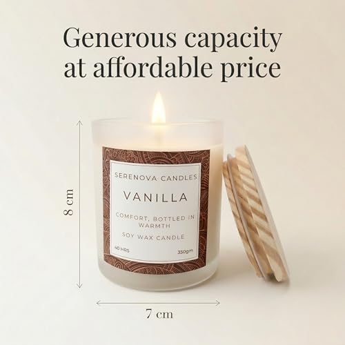 Image of SERENOVA Candles Soy Wax Scented Candle | Burn-time 40 Hours and Upto 60 Hours | 350gm | Handpoured and Handmade | Organic Soy Wax Candle | Aromatherapy Candle (Vanilla)