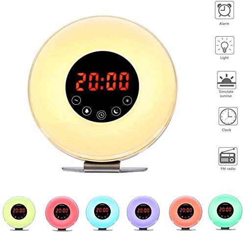 Smart-Radiowecker Wake Up-Licht, 7 Farbige Sonnenaufgang, Sonnenuntergang, Simulation Nachttischlampe, 6 Nature Sounds, Schlummerfunktion, FM Radio