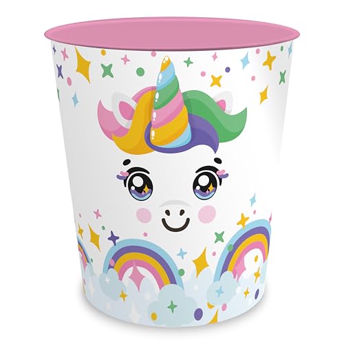 itenga Papierkorb für Kinder mit Tier Motiv - Kawaii Design - rund ca. 11 Liter - Mülleimer fürs Kinderzimmer - stabiler Kunststoff (Einhorn)