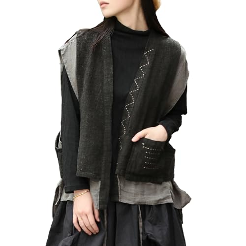 Linen Vest Women Kimono Style Waistcoat – Sleeveless Double Layer Tie Vest with Pockets and Hand-Stitched Details