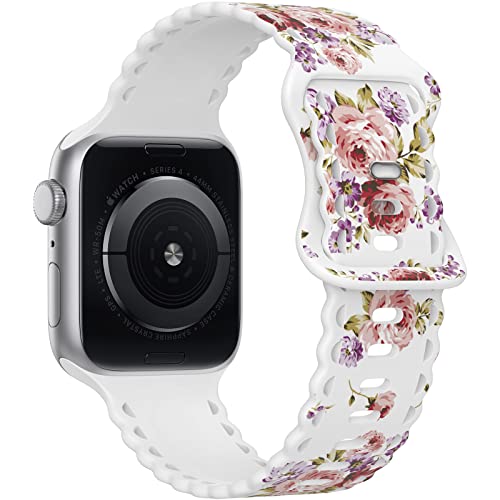 Image of Compatible with Apple Watch Band 41mm 40mm 38mm 49mm 45mm 44mm 42mm Women Girl, Rose Floral Print Lace Hollow-out Soft Silicone Sport Bands For iWatch Ultra SE Series 9 8 7 6 5 4 3 2,