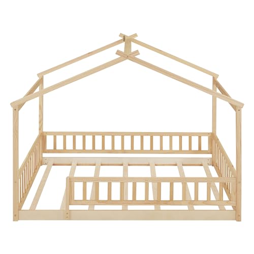 image for Merax Full Size Wooden House Bed with Fence, Wood Bed Frame with Roof 