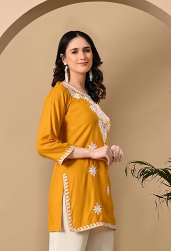 Image of LIBOZA Women's Chikankari Embroidered Short Kurti, Rayon Fabric, Three-Quarter Sleeves, Available in Pink, Black, Mustard Yellow, White, Pista and Green
