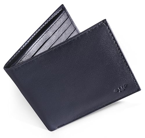 Image of Full Grain Genuine Leather Wallet for Men, Handcrafted Travel Wallet, Minimalist Mens Slim Bifold Wallet, Anti-Theft RFID Blocking Wallet for Men's, Bi-fold - Navy