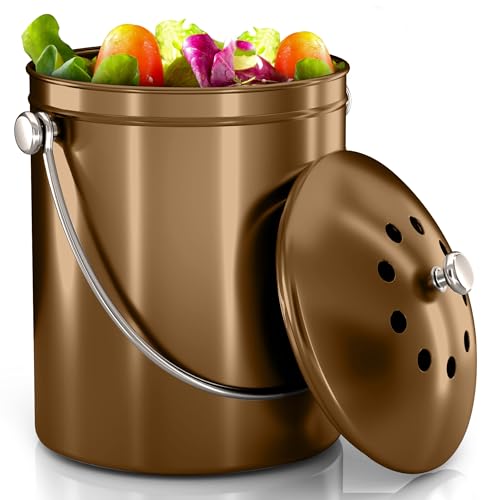 Utopia Kitchen Compost Bin for Kitchen Countertop, 1.3 Gallon Compost Bucket for Kitchen with Lid, Includes 1 Spare Charcoal Filter (Bronze)