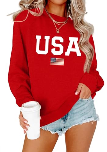 Image of Dressmine Womens USA Shirt Casual Long Sleeve Graphic Tees Knit Crew Neck Sweatshirts Loose Pullover