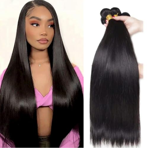 Straight Human Hair Bundles 100% Unprocessed 12A Brazilian Virgin Hair Straight Bundles Human Hair Double Weft 4 Bundles 20 22 24 26 Inch Straight Weave Natural Black