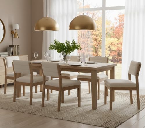 Image of RIVOVA Linen Dining Chairs Set of 6, Comfortable Upholstered Kitchen Chairs with Wood Legs, Mid Century Modern Kitchen Chairs Accent Side Chair for Living, Bedroom, Restaurant, Beige