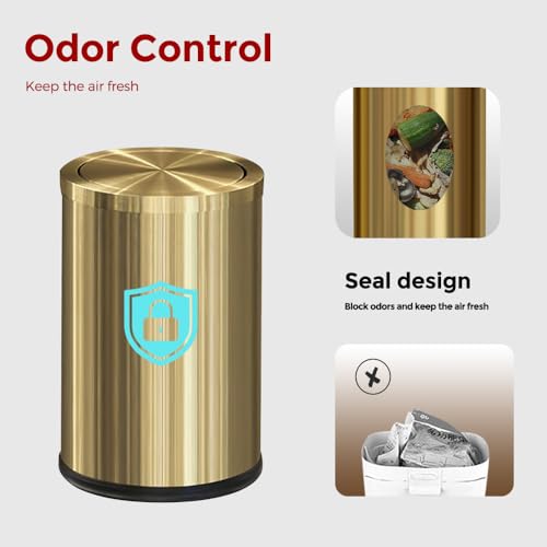 Image of 9L /2.4Gal Gold Trash Can,Brass Bathroom Garbae Can with Flipping Lid,Small Brass Garbage Can for Office, Laundry Room,Bedroom,Hotel