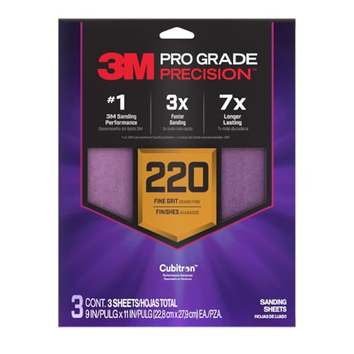 3M Pro Grade Precision Sanding Sheets with No-Slip Grip, 9 x 11 in, 220 Grit, 3-Pack (SHR220-PGP-3T)