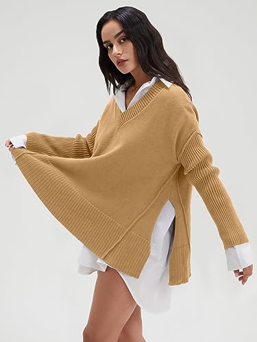 Image of DEEP SELF Women's V Neck Oversized Sweaters Long Batwing Sleeve Split Hem Pullover Asymmetric Loose Casual Knit Tops