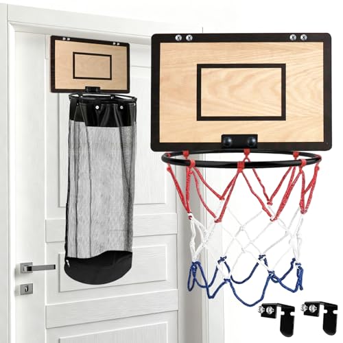 Over the Door Basketball Laundry Basket, 2-in-1 Wooden Basketball Hoop Laundry Hamper, Space Saving Hanging Organizer for Kids, Dirty Clothes Storage with Zipper for Kids Room, Dorm, Bedroom, Bathroom