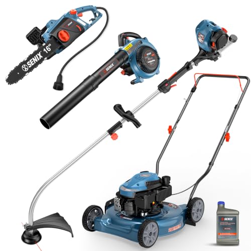 SENIX 17-Inch 26.5 cc Gas Weed Wacker, 20-Inch 144 cc 4-Cycle Gas Lawn Mower, 26.5cc Gas Leaf Blower and 16 Corded Chainsaw Kit