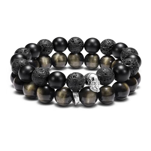 AWNL Skull Beaded Bracelet with Natural Gemstone 925 Sterling Silver Charm