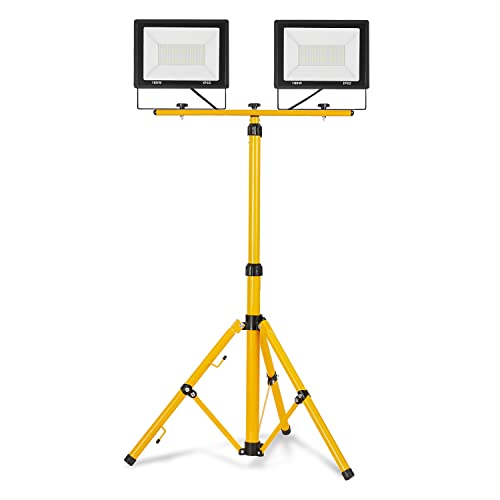 Aufun LED Baustrahler 2x 100W mit Stativ Doppel Strahler Kaltweiß LED Fluter Floodlight inkl. 3M Kabel, Arbeitsleuchte Arbeitsscheinwerfer Wasserdicht IP66 für Garage, Garten, Baustelle
