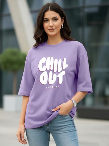 Image of LEOTUDE Womens Oversized Round Neck Cottonblend Half Sleeve T-Shirts (Colour: Multicolor)