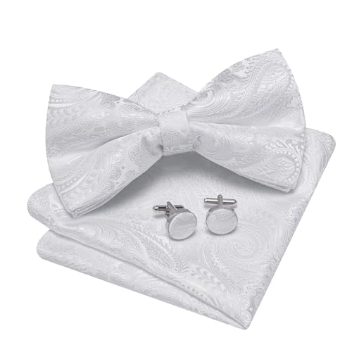 Image of YOHOWA Paisley Striped Men Bow Tie Pre-Tied Formal Adjustable Colorful Bowties Handkerchief Cufflinks Set Wedding Party