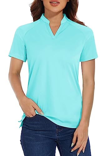 Magcomsen Women's Golf Polo Shirts V-Neck Upf 50+ Casual T-Shirts Quick Dry Short Sleeve Collarless Shirts Lake Blue S #TOP18