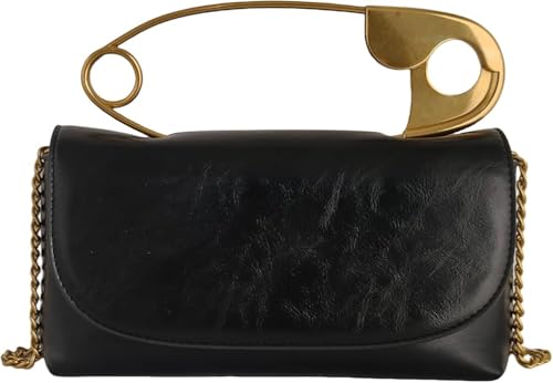 Women's Vegan Leather Handbag with Safety-Pin Design, Gold Hardware & Detachable Crossbody Strap – Compact & Elegant Zippered Closure Purse for Day to Night Use (Black)