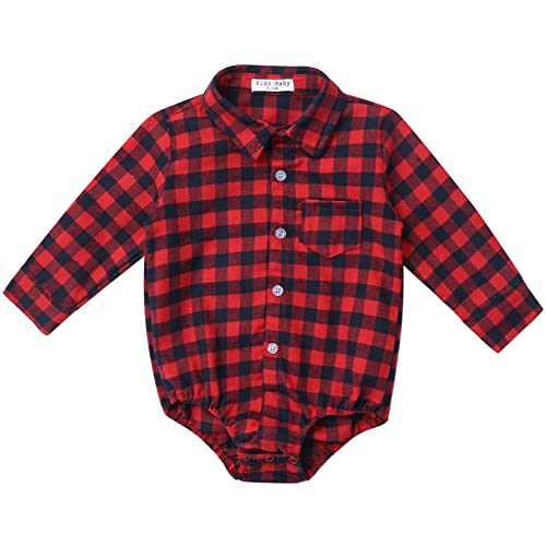 ZUYPSK Unisex Baby Jungen Mädchen Kurzarm-Body Strampler kariert Hemd Kinder Trachtenhemdmit mit Kragen Kleinkind Overalls Säugling Spielanzug Bluse Tops Langarmshirt (6-12 Monate, Rot) Cover