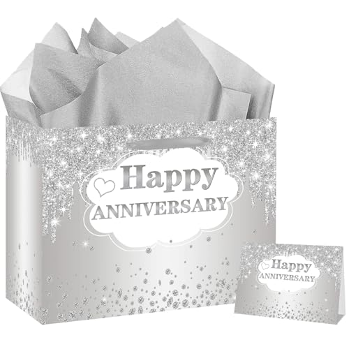 ONANNA Anniversary Themed Gift Bag with Tissue Paper and Greeting Card Wedding Anniversary Wrpping Gifts Bag for Men Women Boyfriend Husband