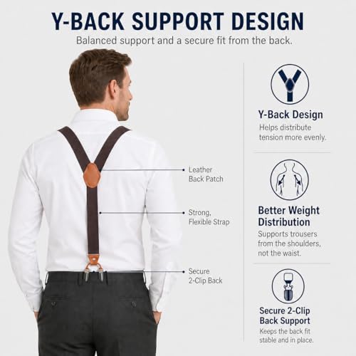 Image of Men's Heavy Duty Y-Back Suspenders, 6 Strong Metal Clips Adjustable Elastic Straps for Work, Tuxedos, and Daily Wear