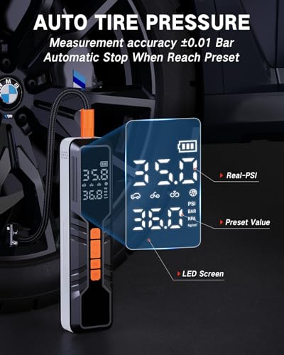 Tire Inflator Portable Air Compressor 10000mAh, 4X Fast Electric Tire Pump, Air Pump for Car Tires with Digital Pressure Gauge/LED Light/Power Bank, Bike, Motorcycle, Ball, Car Accessories(150PSI) - Image 6