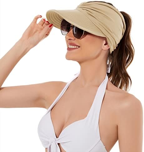 Zando Womens Sun Visor Hat Wide Brim Sun Hats for Women UV Protection Hat Packable Womens Visors for Summer Hats for Women Beach Hat Tennis Sun Visors for Women with Ponytail Hat Beige Visor